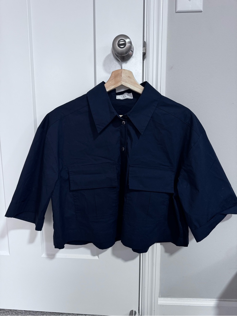 Sage the label Navy Cropped Button-Up Shirt